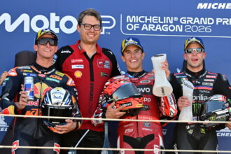Le champion en titre Marc Marquez (Ducati), deuxième des qualifications, remporte la course Sprint à Aragon, devant son frère Alex (team Gresini, Ducati) et Marco Bezzecchi (Aprilia), puis le Grand Prix le lendemain, devant Pedro Acosta (KTM) et Bezzecchi; le leader du championnat Jorge Martin (Aprilia) finit 5ème dans les deux courses et garde le lead, mais Marc Marquez passe de la troisième à la deuxième place