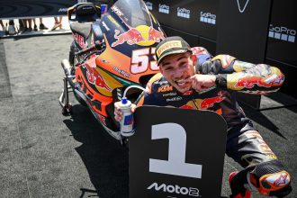 En Moto2 (moteurs Triumph), victoire de Deniz Öncü (team Red Bull KTM Ajo, châssis Kalex) à Aragon, devant Diogo Moreira (Italtrans, Kalex) et Barry Baltus (Fantic Racing, Kalex)
