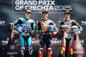 En Moto3, le leader du championnat Jose Antonio Rueda (team Red Bull KTM Ajo) gagne le Grand Prix de la République tchèque, à Brno, devant Maximo Quiles (CFMOTO Gaviota Aspar, KTM) et David Munoz (Liqui Moly Dynavolt Intact, KTM); le Suisse NOah Dettwiler (CIP Green Power, KTM) finit 19ème