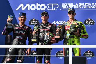 Marco Bezzecchi (Aprilia) remporte le Grand Prix du Brésil dans la catégorie reine, avec 3 secondes d&rsquo;avance sur son coéquipier Jorge Martin; troisième place pour Fabio Di Giannantonio (team VR46, Ducati), 4ème pour Marc Marquez (Ducati), devant Ai Ogura (Trackhouse, Aprilia), Alex Marquez (Gresini, Ducati) et Pedro Acosta (KTM); Bezzecchi prend les commandes du championnat