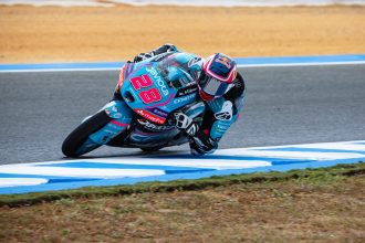 En Moto3, Maximo Quiles (team CFMOTO Aspar, KTM, numéro 28) remporte le Grand Prix d&rsquo;Espagne devant Adrian Fernandez (Leopard, Honda) et David Munoz (Liqui Moly Dynavolt Intact, KTM)